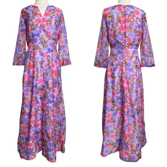 70s vintage flower maxi dress hippy floral print A-line high waist boho. - Picture 1 of 10